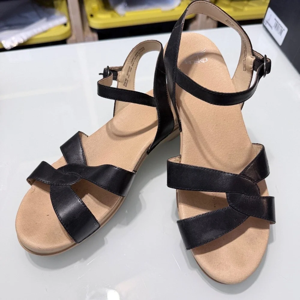 Dansko Black Leather Wedge Sandals